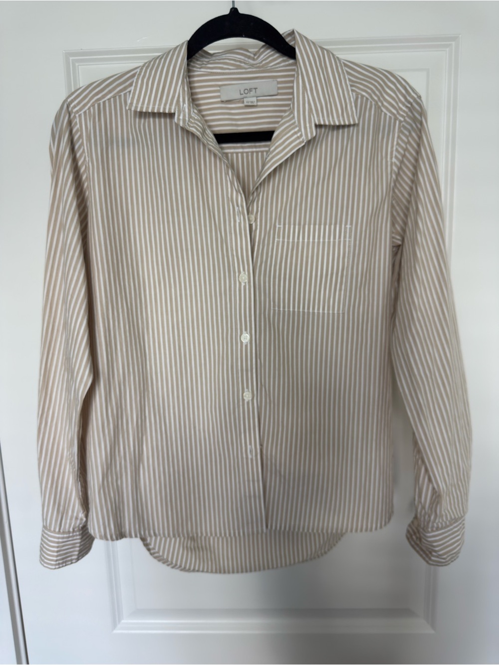 LOFT Beige and White Striped Button-Down Shirt